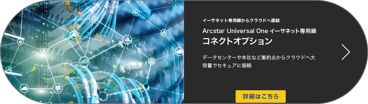 イーサネット専用線からクラウドへ直結Arcstar Universal Oneイーサネット専用線 コネクトオプションデータセンターや本社など集約点からクラウドへ大容量でセキュアに接続 詳細はこちら