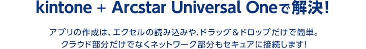 kintone + Arcstar Universal Oneで解決!
アプリの作成は、エクセルの読み込みや、ドラッグ&ドロップだけで簡単。クラウド部分だけでなくネットワーク部分もセキュアに接続します!