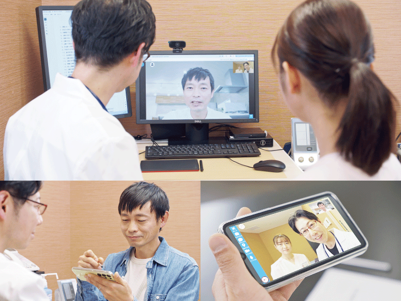 ビデオ通話で同意説明を行う医師と同意説明を受ける患者、スマホで同意署名を行う患者