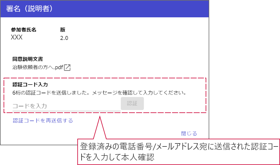 登録済みの電話番号/メールアドレス宛に送信された認証コードを入力して本人確認