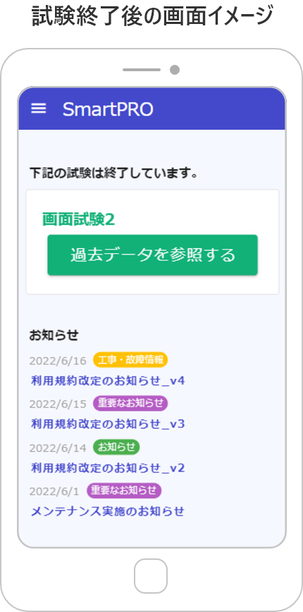 試験終了後の画面イメージ スマートフォンでのSmartPRO 過去データ表示画面