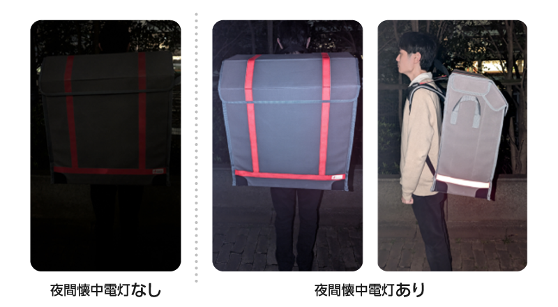 リュック全体に反射材を縫い付け、夜間・災害時でも視認可能