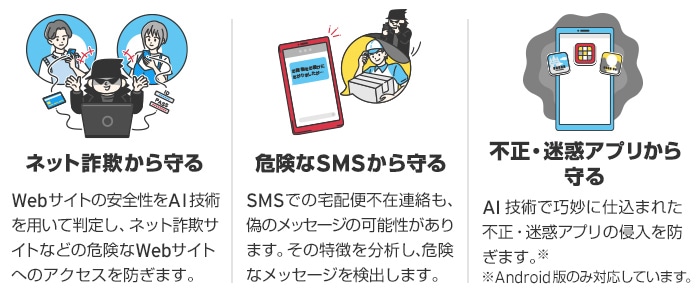ウイルスバスター モバイル 月額版　ネット詐欺から守る　危険なSMSから守る　不正・迷惑アプリから守る