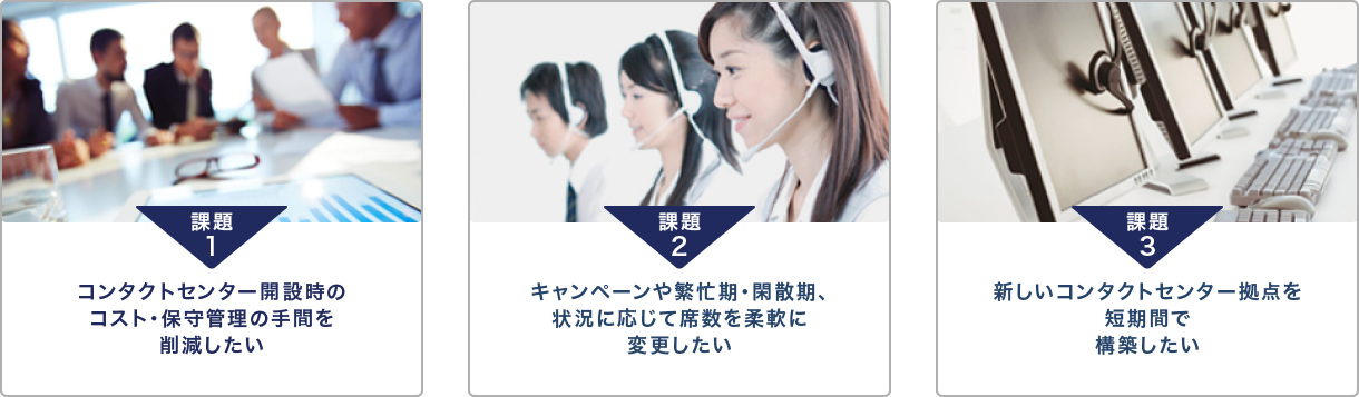 (課題1)コンタクトセンター開設時のコスト・保守管理手間を削減したい (課題2)キャンペーンや繁忙期・閑散期、状況に応じて席数を柔軟に変更したい (課題3)新しいコンタクトセンターを短期間で構築したい
