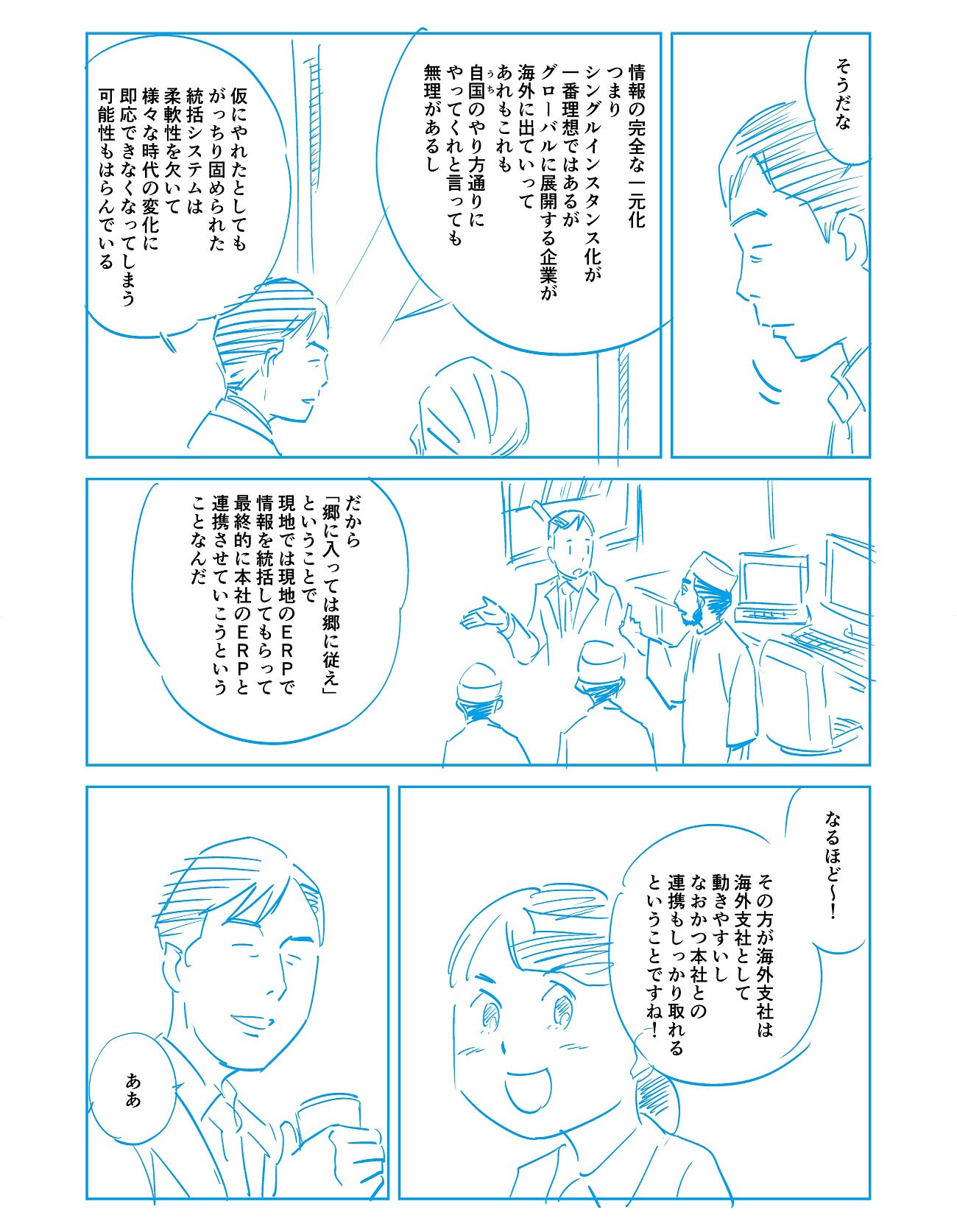 「そうだな。情報の完全な一元化、つまりシングルインスタンス化が一番理想ではあるが、グローバルに展開する企業が海外に出ていってあれもこれも自国のやり方通りにやってくれと言っても無理があるし、仮にやれたとしてもがっちり固められた統括システムは柔軟性を欠いて、さまざまな時代の変化に即応できなくなってしまう可能性もはらんでいる。」「だから「郷に入っては郷に従え」ということで、現地では現地のERPで情報を統括してもらって、最終的に本社のERPと連携させていこうということなんだ。」「なるほど~!その方が海外支社は海外支社として動きやすいし、なおかつ本社との連携もしっかり取れるということですね!」「ああ。」
