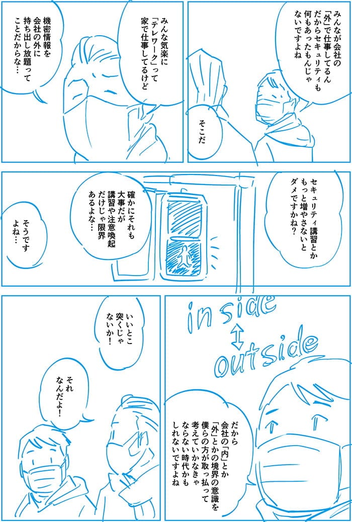 みんなが会社の外で仕事しているんだからセキュリティも何もあったもんじゃないですよね。そこだ。みんな気楽にテレワークって家で仕事してるけど機密情報を会社の外に持ち出し放題ってことだからな…セキュリティ講習とかもっと増やさないとダメですかね?確かにそれも大事だが講習や注意喚起だけじゃ限界あるよな…そうですよね…だから会社の内とか外とかの境界の意識を僕らの方が取っ払って考えていかなきゃならない時代かもしれないですよね。いいとこ突くじゃないか!それなんだよ!