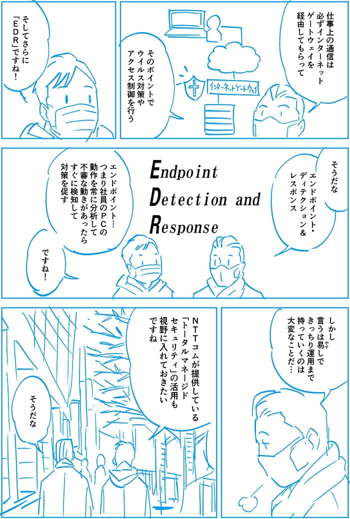 仕事上の通信は必ずインターネットゲートウェイを経由してもらって、そのポイントでウイルス対策やアクセス制御を行う。そしてさらにEDRですね。そうだなエンドポイント・ディテクション アンド レスポンス。エンドポイント…つまり社員のPCの動作を常に分析して不審な動きがあったらすぐに検知して対策を促す。ですね!そして言うには易しできっちり運用までもっていくのは大変なことだ…NTT Comが提供しているトータルマネージドセキュリティの活用も視野に入れておきたいですね。そうだな