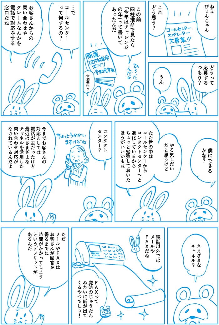 ねぇぴょんちゃんこれどう思う？どうって応募するつもり？うん。この前四柱推命でみたら今年はチャレンジの年って書いてあったんだ。令和元年？…でコールセンターって何するの？お客さんからの問い合わせやクレームなんかを電話で対応をする窓口だね。僕にできるかな？やる気次第だとおもうけど。ただ世の中はコールセンターからコンタクトセンターへと進化しているからちょっと勉強しておいたほうがいいかもね。コンタクトセンター？今までお客さんの対応としては電話が主だったけど最近はさまざまチャネルを活用した問い合わせ対応がなされているんだよ。さまざまなチャネル？電話以外ではメールやFAXだね。FAXって魔法のじゅうたんみたいに紙がでてくるやつでしょ！ただメールやFAXはお客さんが回答を得るまでに時間がかかってしまうというデメリットがあるんだ