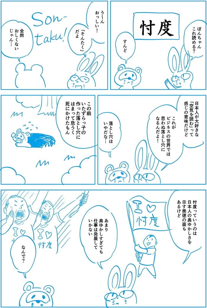 ぽんちゃんこれ読める？スンドゥブ。う～んおっしい！そんたくだよ。全然おしくないじゃん…日本人が大好きな空気を読むって感じの意味だけどこれがビジネスの世界では思わぬ落とし穴になるんだよ！落とし穴はいやだな…この前いたずらっ子の作った落とし穴にはまって死にかけたもん。忖度っているのは日本人の奥ゆかしさを示す美徳の面もあるけどあんまり奥ゆかしすぎて仕事は発展していかない。なんで？