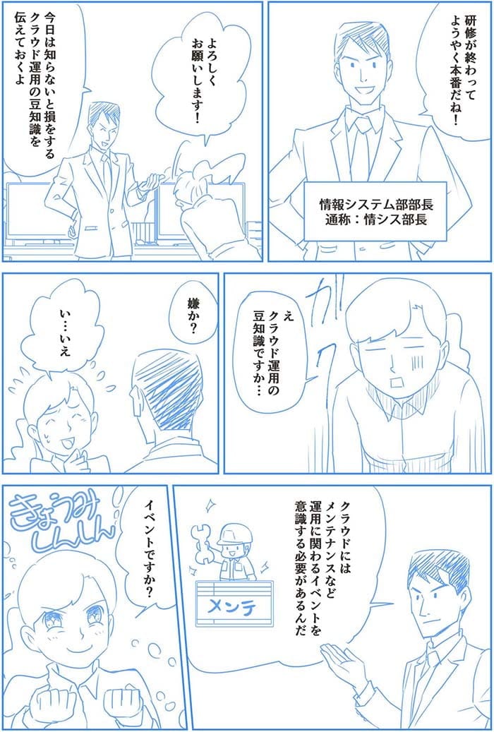 研修が終わってようやく本番だね!よろしくお願いします!今日は知らないと損をするクラウド運用の豆知識を伝えておくよ。え クラウド運用の豆知識ですか…嫌か? い…いえ。クラウドにはメンテナンスなど運用にかかわるイベントを意識する必要があるんだ。イベントですか?