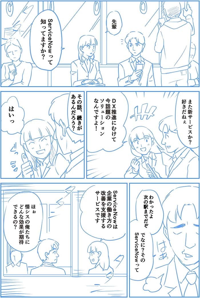 先輩Service Nowって知ってますか?また新サービスか?好きだねぇ DX推進にむけてソリューションなんですよ!その話、続きがあるんだろ?はい!わかったよ 次の駅までだぞ でなに?そのService Nowって。Service Nowは企業の働き方の改善を支援するサービスです。ほぉ情シスの俺たちにどんな効果が期待できるの?