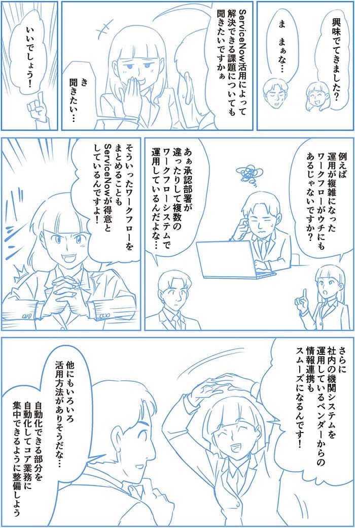 興味出てきました?ま まぁな…Service Now活用によって解決できる課題についても聞きたいですかぁ き 聞きたい…いいでしょう!例えば運用が複雑になったワークフローがウチにもあるじゃないですか?あぁ承認部署が違ったりして複数のワークフローシステムで運用しているんだよな…そういったワークフローをまとめてることもService Nowが得意としているんですよ!さらに社内の機関システムを運用しているベンダーからの情報連携もスムーズになるんです!ほかにもいろいろ活用方法がありそうだな…自動化できる部分を自動化してコア業務に集中できるように整備しよう