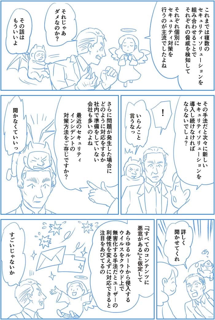 これまでは複数のセキュリティソリューションを組み合わせることでそれぞれの脅威を検知してそれぞれ個別にセキュリティ対策を行うのが主流でした。それじゃあダメなのか？その話はもういいよ。その手法だけと次々に新しいセキュリティソリューションを導入し続けなければならないでしょ？いらんこと言うなっ！さらに問題が発生した場合にどのように対応するか社内で準備をしなていない会社も多いのよね　最近のセキュリティインシデントの対策方法をご存知ですか？聞かなくていいっ。詳しく聞かせてくれ。すべてのコンテンツに悪意があると仮定しあらゆるルートから侵入するウイルスをクラウド上で無害化するう手法だとユーザーの利便性を変えずに対応できると注目を浴びてるの。すごいじゃないか