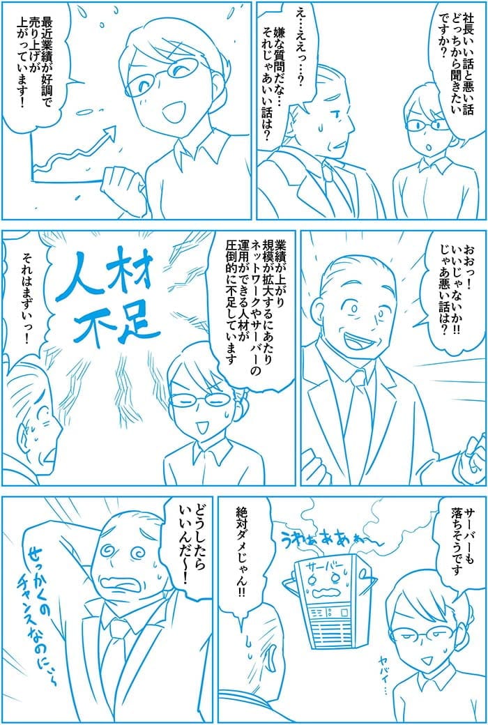 社長いい話と悪い話どっちから聞きたいですか?え…ええっ?嫌な質問だな…それじゃいい話は?最近業績が好調で売上が上がっています!おおっ!いいじゃないか!じゃあ悪い話は?業績が上がり規模が拡大するにあたりネットワークやサーバーの運用ができる人材が圧倒的に不足しています。それはまずいっ!サーバーも落ちそうです。絶対ダメじゃん!どうしたらいいんだ~!