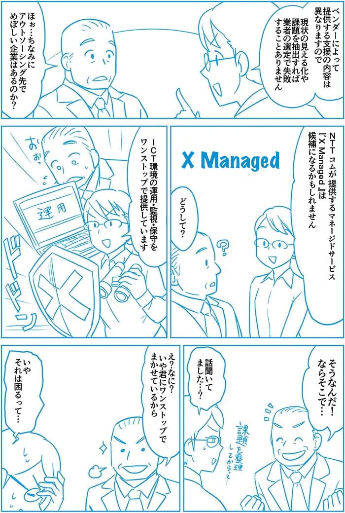 ベンダーによって提供する支援の内容は異なりますので現状の見える化や議題を抽出すれば業者の選定で失敗することありません。ほお…ちなみにアウトソーシング先でめぼしい企業はあるのか?NTT Comが提供するグローバルマネージドソリューションX Managed®は候補になるかもしれません。どうして?ICT環境の運用・監視・保守をワンストップで提供しています そうなんだ!ならそこで…話聞いてました…?え?なに?いや君にワンストップでまかせているから。いや それは困るって…