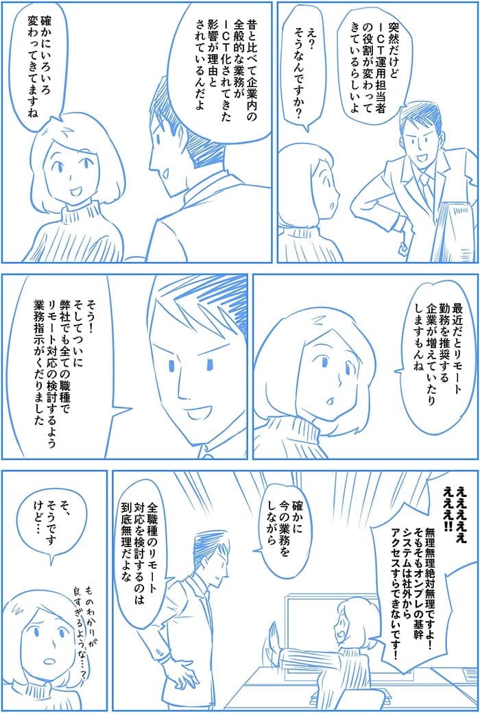 突然だけどICT運用担当者の役割が変わってきているらしいよ。え?そうなんですか?昔と比べて企業内の全般的な業務がICT化されてきた影響が理由とされているんだよ。確かにいろいろ変わってきますね。最近だとリモート勤務を推奨する企業が増えていたりしますもんね。そう!そしてついに弊社でもすべての職種でリモート対応の検討するよう業務指示がくだりました。えええええええ!!無理無理絶対無理ですよ!そもそもオンプレの基幹システムは社外からアクセスすらできないです!確かに今の業務をしながら全職種のリモート対応を検討するのは到底無理だよな。そ、そうですけど…