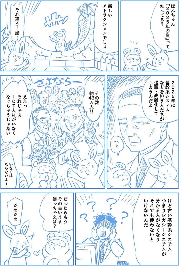 ぽんちゃん2025年の崖って知ってる？新しいアトラクションでしょ？それ違う！崖！2025年に基幹系システムなどを担う人たちが退職・高齢化してしまうんだよ。へぇ。その数約43万人！ええっそれじゃあICT人材がいなくなっちゃうじゃない。いなくはならないよ…けど古い基幹システム　つまりレガシーシステムが分かる人がなくなりそれでも使わないといけないんだ。だったらもうその古いまま使っちゃえば？だめだめ