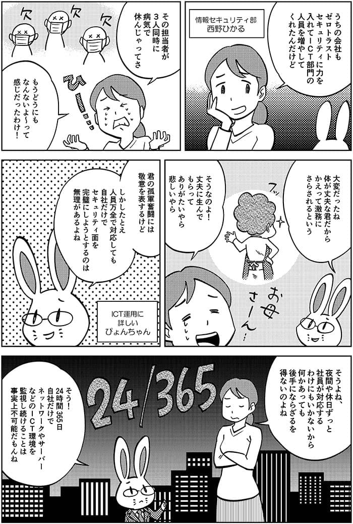うちの会社もゼロトラストセキュリティに力を入れてICT部門の人員を増やしてくれたんだけど、その担当者が3人同時に病気で休んじゃってさ、もうどうにもなんないよ～って感じだったわけ！大変だったね　体が丈夫な君だからかえって激務にさらされるという。そうなのよ！丈夫に生んでもらってありがたいやら悲しいやら。君の孤軍奮闘には敬意を表するけど　しかしたとえ人員万全で対応しても自社だけでセキュリティ面を完璧にしようとするのは無理があるよね。そうよね夜間や休日ずっと社員が対応するわけにもいかないから何かあっても後手にならざるを得ないのよね。そう！24時間365日自社だけでネットワークやサーバーなどのICT環境を監視し続けることは事実上不可能だもんね