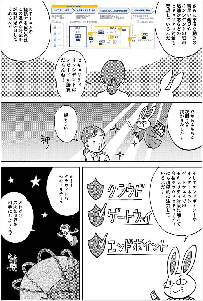 さらに不信な動きの素早い発見やインシデントの際の隔離対応などのセキュリティ対策も実現しているんだ。セキュリティインシデントはスピードが勝負だもんね！NTT Comの提供するSDOCはこの迅速な対応を24時間365日してくれるんだ。だからもちろん夜間・休日抜かりなしだよ。頼もしい！そしてエンドポイントやインターネットゲートウェイでのセキュリティ対策に加えて今後クラウドセキュリティにも積極的に注力しているんだよ！え～！クラウドにもセキュリティ？どれだけ広大な世界を相手にしようと!?