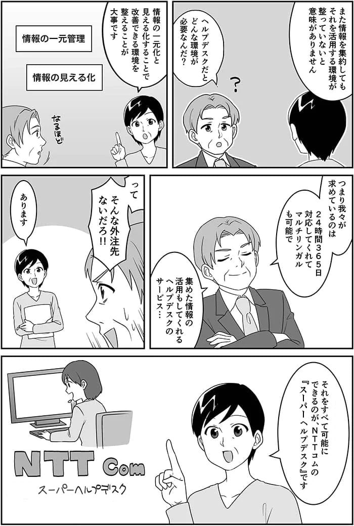 また情報を集約してもそれを活用する環境が整っていないと意味がありません。ヘルプデスクだとどんな環境が必要なんだ？情報の一元化と見える化することで改善できる環境を整えることが大事です　つまり我々が求められているのは24時間365日対応してくれてマルチリンガルも可能で集めた情報の活用もしてくれるヘルプデスクのサービス…ってそんな外注先ないだろ！あります　それをすべて可能にできるのがNTT Comのスーパーヘルプデスクです