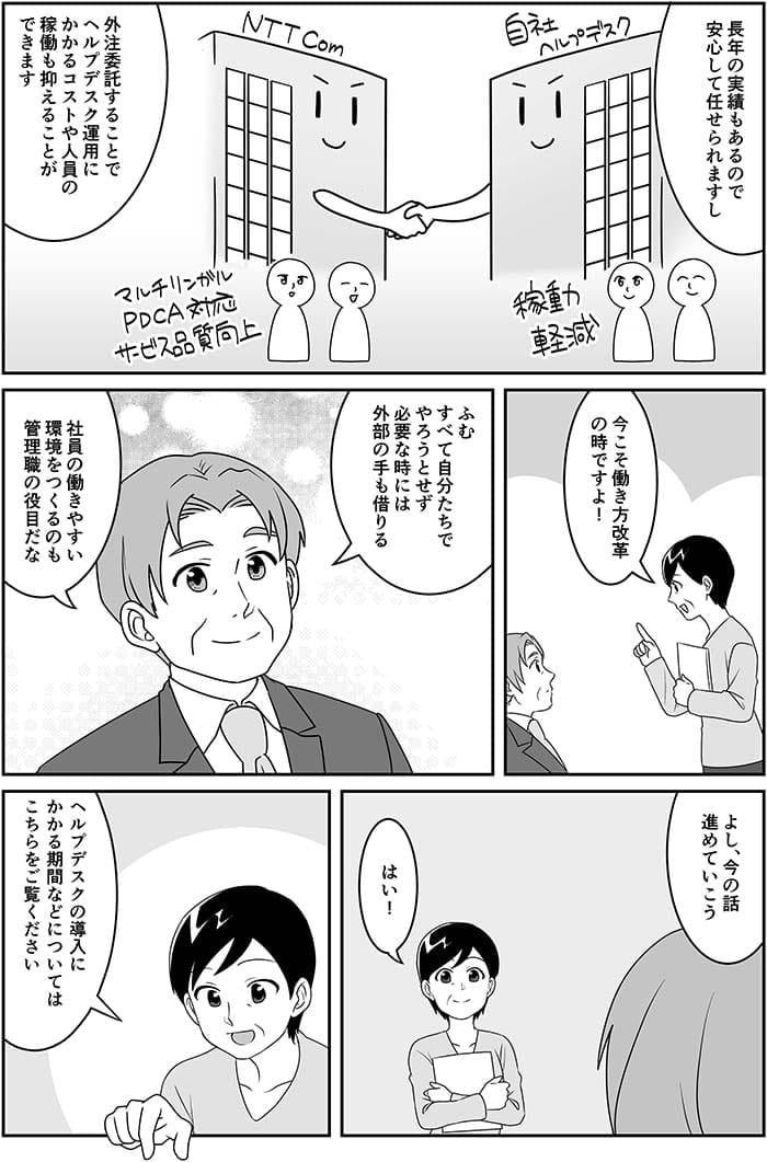 長年の実績もあるので安心して任せられますし外注委託することでヘルプデスク運用にかかるコストや人員の稼働も抑えることができます。今こそ働き方改革の時ですよ！ふむすべて自分たちでやろうとせず必要な時には外部の手を借りる　社員の働きやすい環境のつくるのも管理職の役目だな　よし、今の話進めていこう。はい！ヘルプデスクの導入にかかる期間などについてはこちらをご覧ください