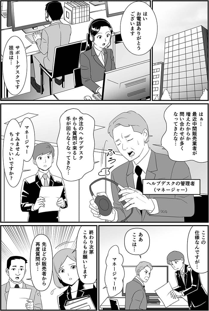 はい　お電話ありがとうございます。サポートデスクです担当は…はぁ最近中間販売業者が増えたからお問い合わせが多くなってきたな…外注のヘルプデスクからも質問が来るし手が回らなくなってきた…マネージャーすみませんちょっといいですか？ここの仕様なんですが…ああここは…マネージャー！終わり次第こちらもお願いします。先ほどの販売者から再度質問が…