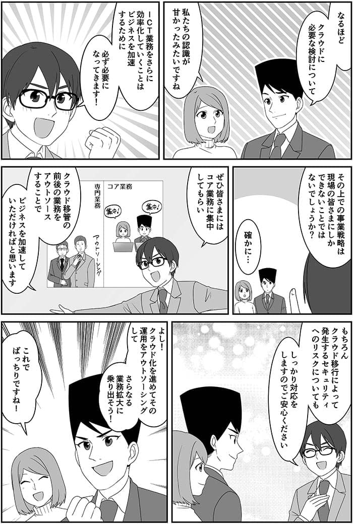 なるほど…クラウド化に必要な検討点について私たちの認識があまかったみたいですね。これからICT業務へのシフトはビジネスを加速するために必ず必要になってきます。その上での事業戦略は現場の皆さまにしかできないことではないでしょうか？確かに…ぜひ皆さまにはコア業務に集中してもらいクラウド移管の前後の業務をアウトソースすることでビジネスを加速していただければと思います！もちろんクラウド移行によって発生するセキュリティリスクについてもしっかり対応をしますのでご安心ください。よし！クラウド化をアウトソーシングして業務拡大に乗り出そう！これでばっちりですね！