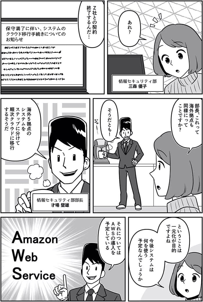 あれ？Z社との契約終了するんだ…部長、これって海外拠点も同様にってことですか？そうだとも！海外5拠点のシステムをステップに分けて順次クラウドに移行するそうだ。ということは一元化が目的ですよね　今後システムは何を使う予定なんでしょうか？それについてはAmazon Web Servicesの導入を予定している