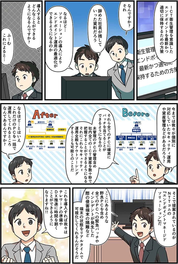 ICT衛生管理を意識したエンドポイントを最新かつ適切に保持するための方策。なんですか？それ。辞めた社員が残していった資料だろう。なるほど…ソリューションの導入によりエンドポイント運用が最適化できるようになるのか。導入するとどんなことができるようになるんですか？ふーむ　これによると…今では我々が個別に対応していたセキュリティ運用や資産運用などがあるだろう？それらをすべてのPCに確実にパッチをあてることができるようになるのと未管理のPCの管理も含めて社内すべてのICT資産を数十秒で把握することができるようになるそれにこれらセキュリティ運用全般もアウトソーシングすることも可能とのことだ。なるほど…とはいえこれだけのPCを一括で運用しれるところなんてあるんですか？そこで提案されているのがNTT Comのエンドポイントマネジメントソリューションだ。ここにあるような野良PCを含めすべてのPCへの緊急パッチやインシデントが発生した際の侵害端末の隔離など端末の状態をリアルタイムで可視化してくれるんだそうだ。これを導入すれば我々はテレワークの準備やDX推進に時間を割くことができるようになりますね
