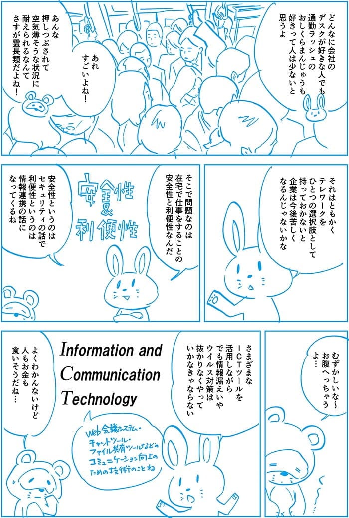 どんなに会社のデスクが好きな人でも通勤ラッシュのおしくらまんじゅうも好きって人は少ないとおもうよ。あれすごいよね!あんな押しつぶされて空気薄そうな状況に耐えられるなんてさすが霊長類だよね!それはともかくテレワークをひとつの選択肢として持っておかないと企業は今後苦しくなるんじゃないかな。そこで問題なのは在宅で仕事をすることの安全性と利便性なんだ。安全性というのはセキュリティの話で利便性というのは情報連携の話になってくるね。むずかしいな~お腹へっちゃうよ…さまざまなICTツーールを活用しながらでも情報漏えいやウイルス対策は抜かりなくやっていかなきゃならない。よくわからんないけど人もお金も食いそうだね…