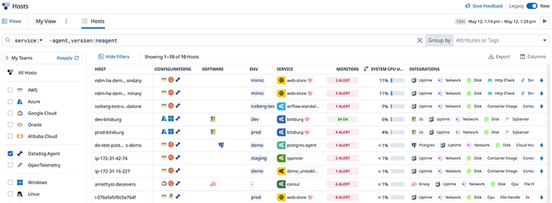 Datadog管理画面のInfrastructure Listにエージェントを導入したホストが一覧表示された画面例