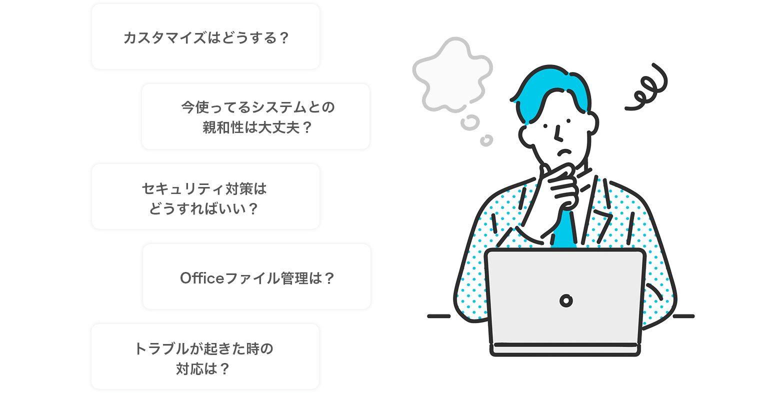 カスタマイズはどうする？・今使ってるシステムとの親和性は大丈夫？・セキュリティ対策はどうすればいい？・Officeファイル管理は？・トラブルが起きた時の対応は？