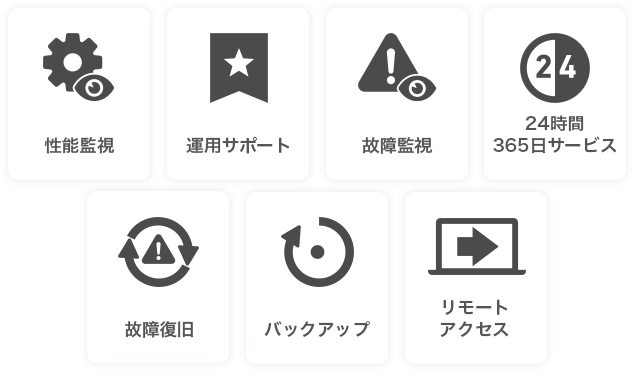 性能監視・運用サポート・故障監視・24時間365日サービス・故障復旧・バックアップ・リモートアクセス