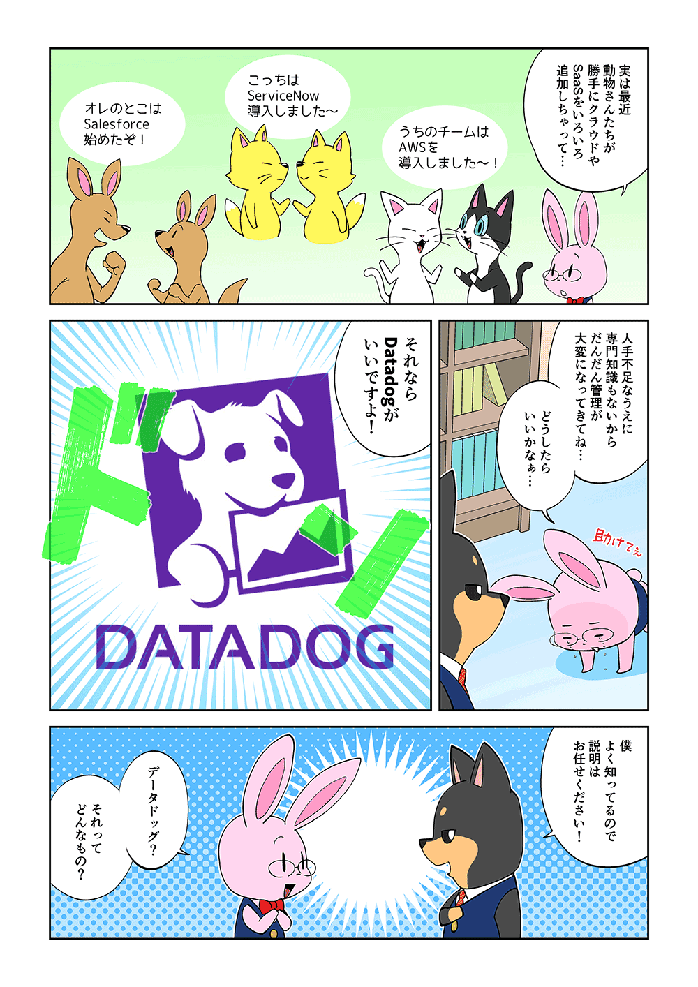 「実は最近、動物さんたちが勝手にクラウドやSaaSをいろいろ追加しちゃって・・・人手不足なうえに専門知識もないから、だんだん管理が大変になってきてね・・・どうしたらいいかなぁ・・・」「それならDatadogがいいですよ！僕よく知っているので説明はお任せください！」「データドッグ？それってどんなもの？」