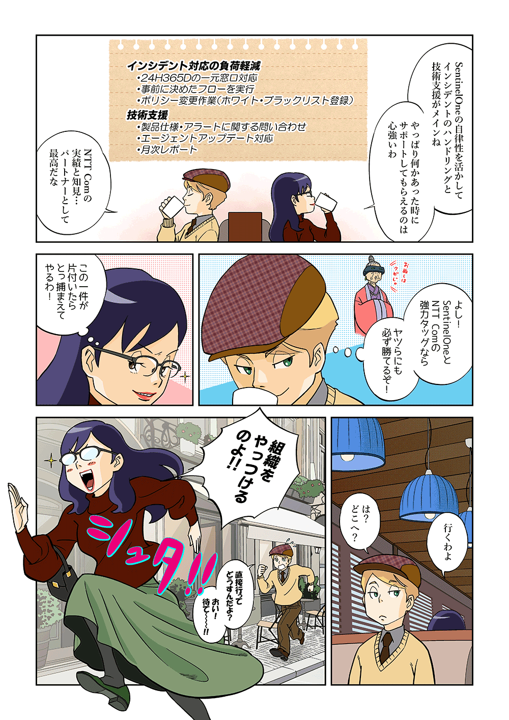 SentinelOneの自律性を活かしてインシデントのハンドリングと技術支援がメインね。やっぱり何かあった時にサポートしてもらえるのは心強いわ。NTT Comの実績と知見・・・パートナーとして最高だな。よし！SentinelOneとNTT Comの強力タッグならヤツらにも必ず勝てるぞ！この一件が片付いたらとっ捕まえてやるわ！行くわよ。は？どこへ？組織をやっつけるのよ！！直接行ってどうすんだよ？おい！待て～！！