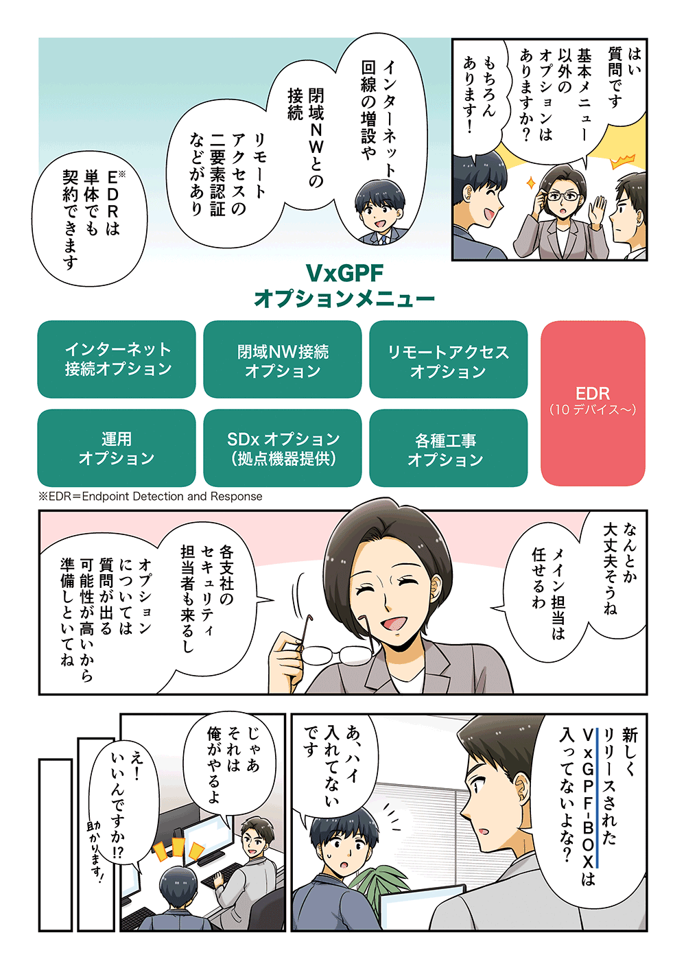 「はい質問です。基本メニュー以外のオプションはありますか？」「もちろんあります！インタネット回線の増設や閉域NWとの接続、リモートアクセスの二要素認証などがあり、EDRは単体でも契約できます」「なんとか大丈夫そうね。メイン担当は任せるわ。各支社のセキュリティ担当者も来るし、オプションについては質問が出る可能性が高いから準備しておいてね」「新しくリリースされたVxGPF-BOXは入ってないよな？」「あ、ハイ入れてないです」「じゃあそれは俺がやるよ」「え！いいんですか！？」