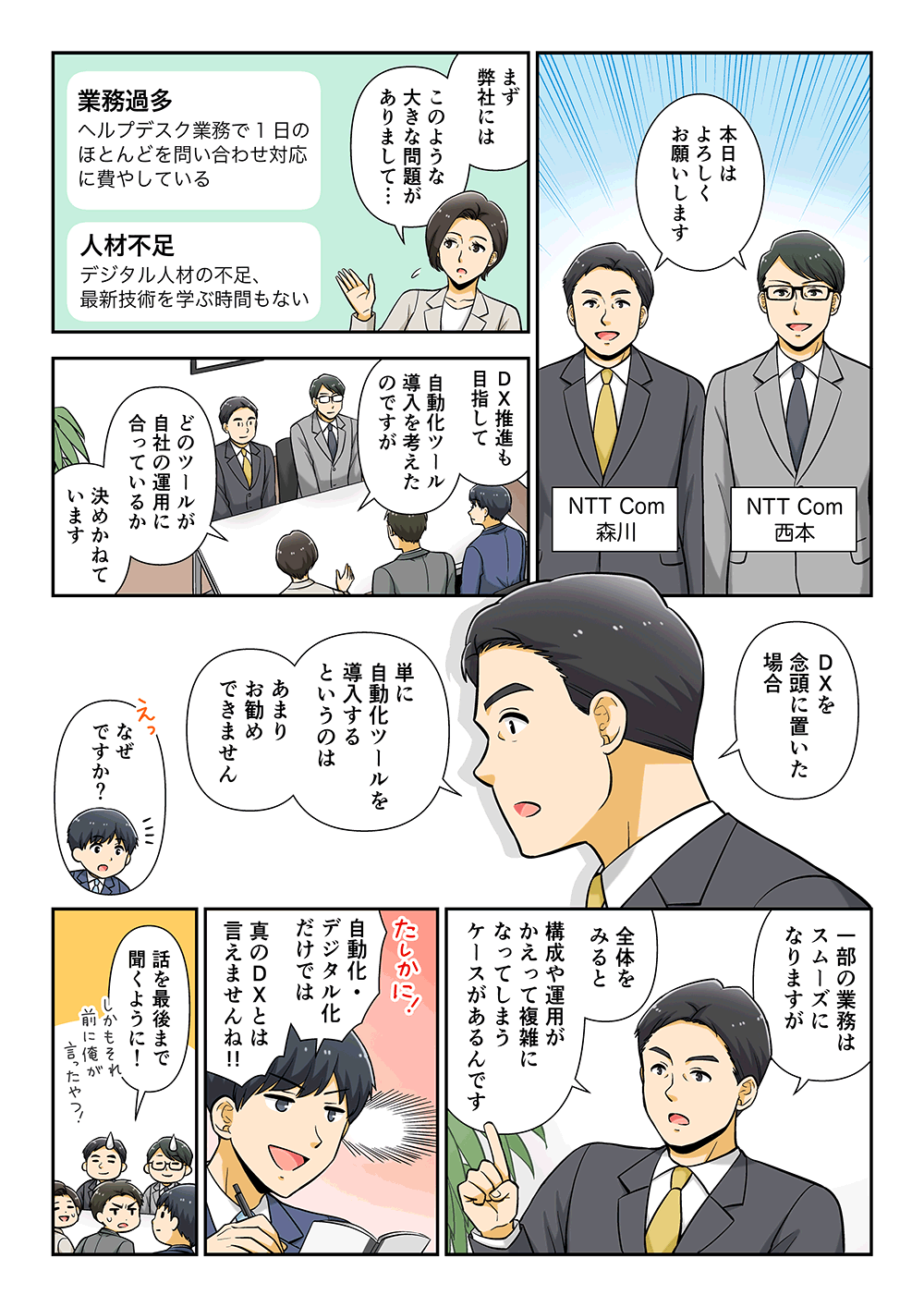 NTT Com森川とNTT Com西本「本日はよろしくお願いします」「まず弊社にはこのような大きな問題がありまして・・・業務過多（ヘルプデスク業務で1日のほとんどを問い合わせ対応に費やしている）、人材不足（デジタル人材の不足、最新技術を学ぶ時間もない）。DX推進も目指して自動化ツール導入を考えたのですが、どのツールが自社の運用に合っているか決めかねています」「DXを念頭に置いた場合、単に自動化ツールを導入するというのはあまりお勧めできません」「なぜですか？」「一部の業務はスムーズになりますが、全体をみると構成や運用がかえって複雑になってしまうケースがあるんです」「たしかに！自動化・デジタル化だけでは真のDXとは言えませんね！！」「話を最後まで聞くように！」