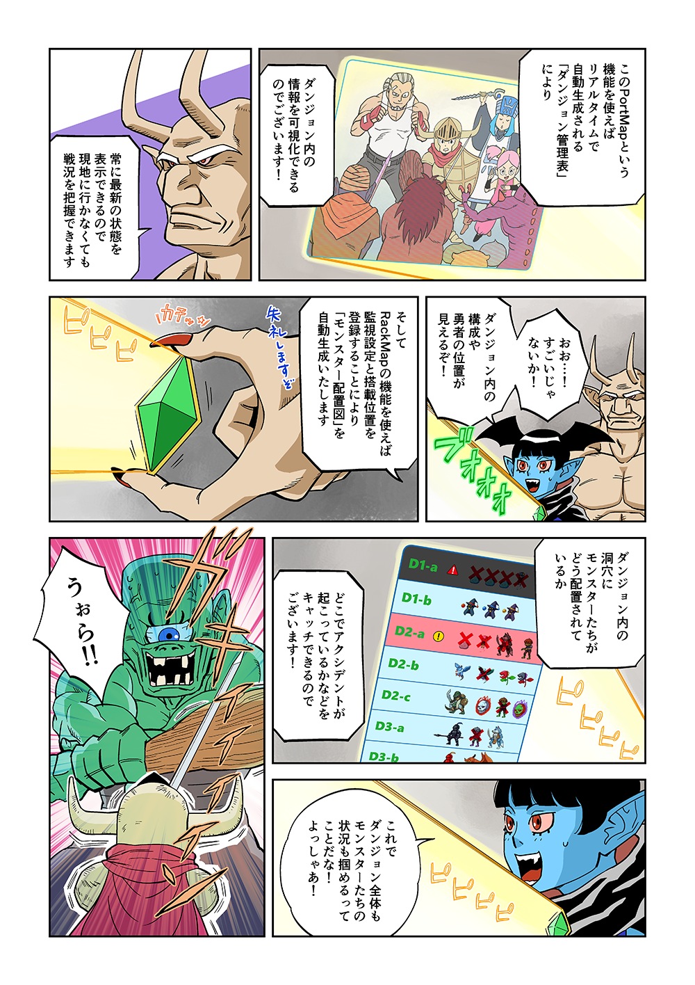 「このPortMapという機能を使えばリアルタイムで自動生成される「ダンジョ管理表」によりダンジョン内の情報を可視化できるのでございます！常に最新の状態を表示できるので現地に行かなくても戦況を把握できます」「おお…！すごいじゃないか！ダンジョン内の構成や勇者の位置が見えるぞ！」「そしてRackMapの機能を使えば監視設定と搭載位置を登録することにより「モンスター配置図」を自動生成します。ダンジョン内の洞穴にモンスターたちがどう配置されているかどこでアクシデントが起こっているかなどをキャッチできるのでございます！」