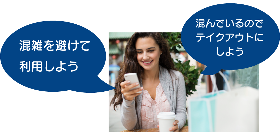 「混雑を避けて利用しよう」「混んでいるのでテイクアウトにしよう」会話イメージ