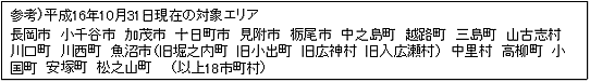 参考）平成16年10月31日現在の対象エリア 長岡市　小千谷市　加茂市　十日町市　見附市　栃尾市　中之島町　越路町　三島町　山古志村　川口町　川西町　魚沼市（旧堀之内町　旧小出町　旧広神村　旧入広瀬村）　中里村　高柳町　小国町　安塚町　松之山町　　（以上18市町村）