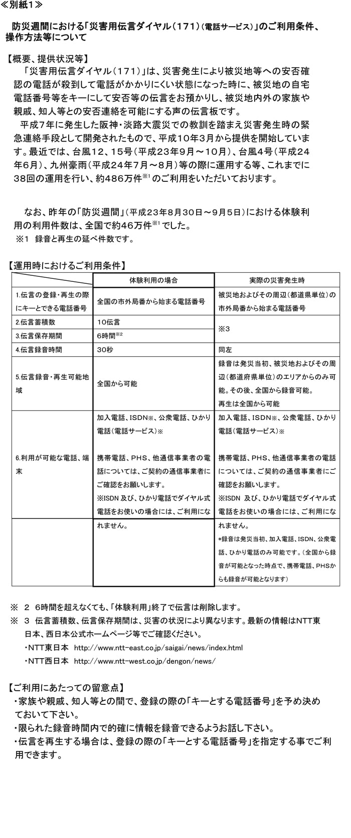 防災週間における「災害用伝言ダイヤル（１７１）（電話サービス）」のご利用条件、操作方法等について