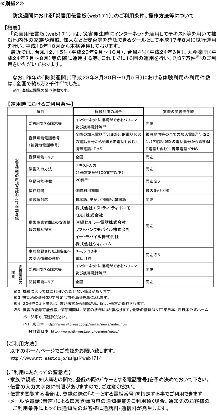 防災週間における「災害用伝言板（web１７１）」のご利用条件、操作方法等について