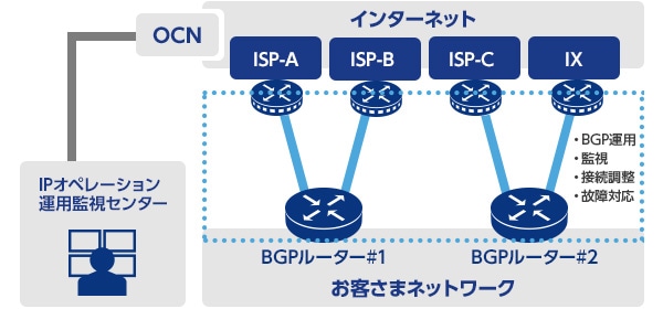 BGPマルチホーム運用例図：マルチホームが必要なお客さま向けにBGPの運用・監視を行います。