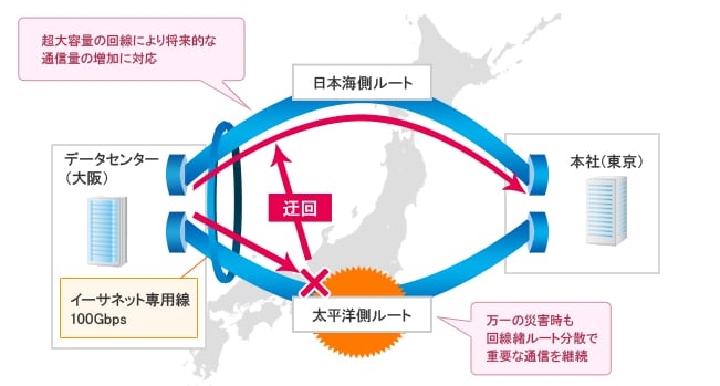 超大容量の回線により将来的な通信量の増加に対応/万一の災害時も回線緒ルート分散で重要な通信を継続